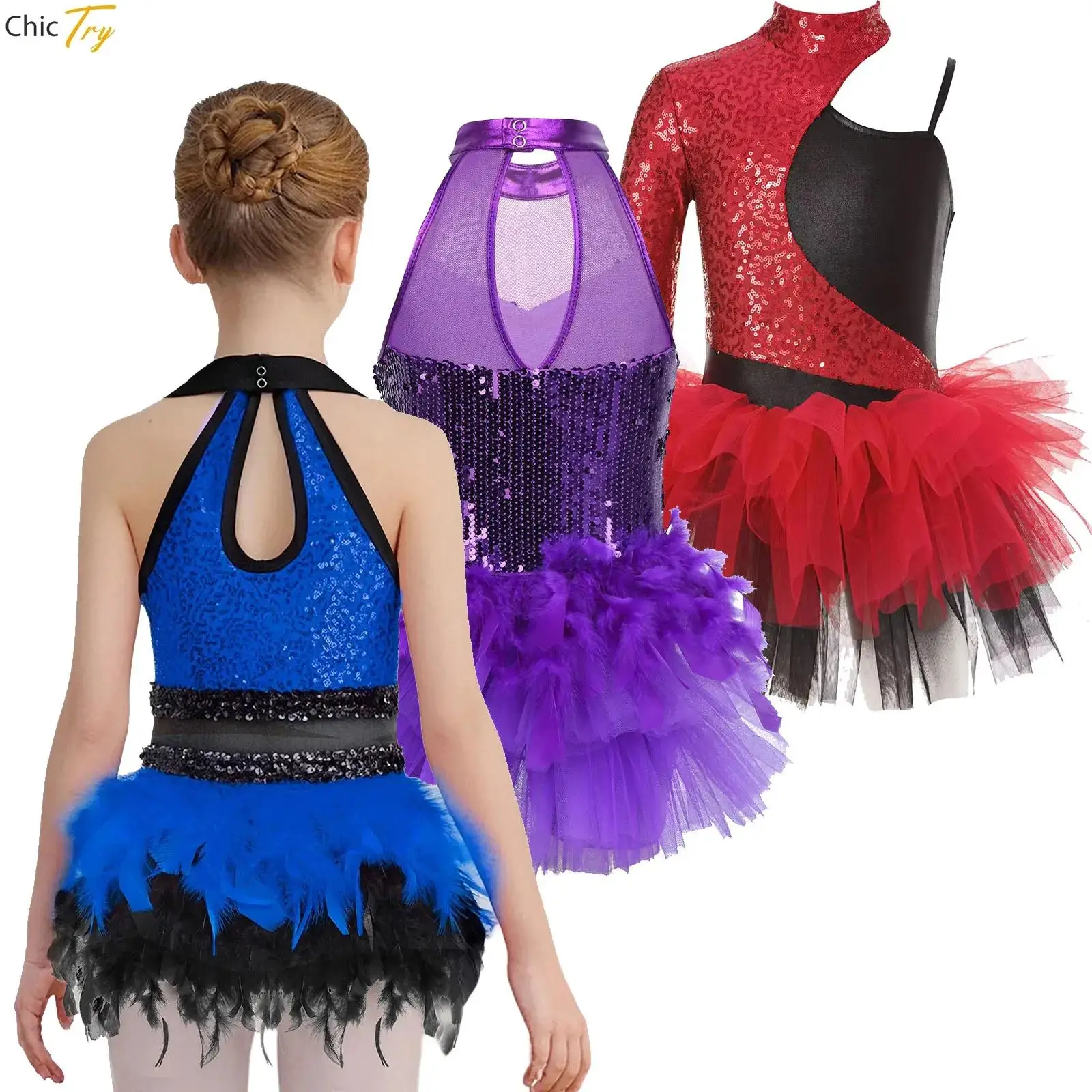 子供ジャズモダンダンス衣装スパンコールメッシュフェザーチュチュレオタードドレスチャチャタンゴサンバルンバ社交ダンスドレスステージショー