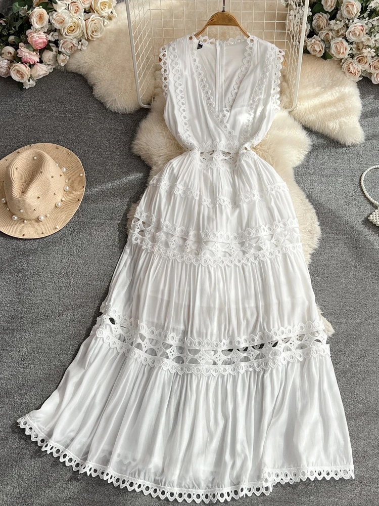 JAMERARY Designer New Summer Holiday White ricamo cotone abito lungo donna senza maniche Midi Prom abiti da sera Party Robe