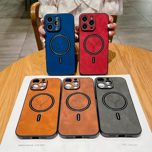 아이폰용 마그네틱 가죽 케이스, 15, 14, 13, 12, 11 프로 맥스 플러스, XS, XR, X 커버, 챠그레 맥세이프 3D 사슴, 만능 카메라 쉘 