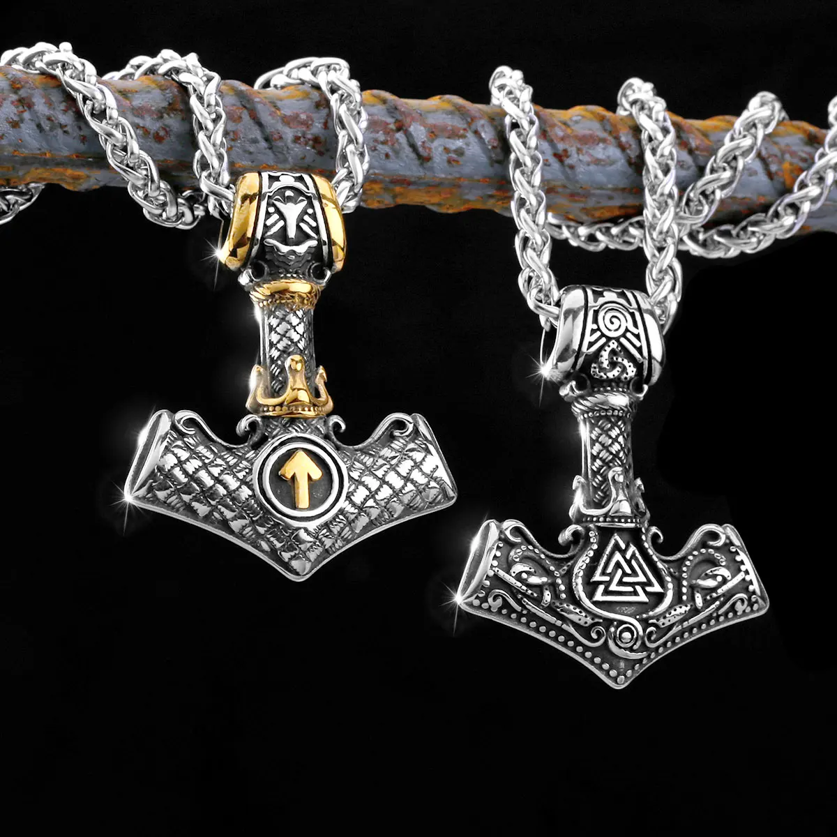 Men\'s Stainless Steel Thor\'s Hammer Viking Necklace Triangle Rune Keel Charm Fashion Pendant Necklace Amulet Jewelry Gift