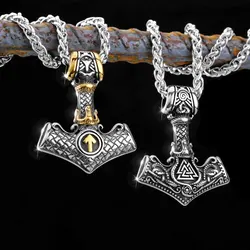 Men's Stainless Steel Thor's Hammer Viking Necklace Triangle Rune Keel Charm Fashion Pendant Necklace Amulet Jewelry Gift