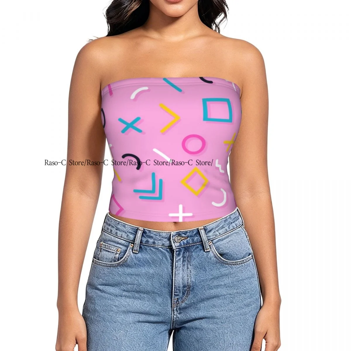 Strapless Sexy Tube Tops Summer Outfits Women Backless Shoulder Wrap Memphis Geometric Lines Abstract Female Crop Top