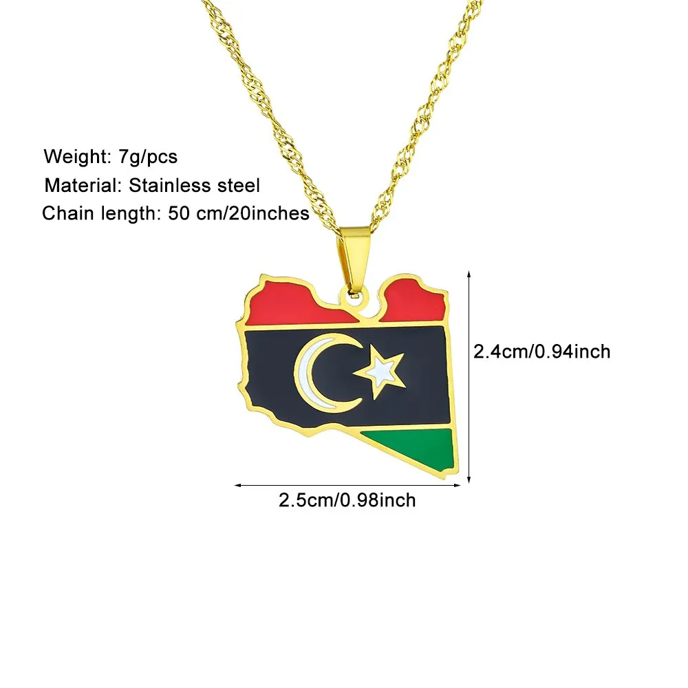 Vintage Colorful Enamel Libya Map Flag Pendant Necklace For Women Stainless Steel Ethnic Fashion Patriotic Trendy Jewelry Gift