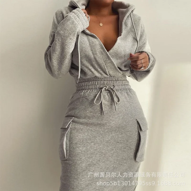 

Long Sleeve Bodycon Mini Dress Waist Pocket Sweatshirt Dress Women Summer Sweatshirt Hooded Slim Fits Sheath Dress