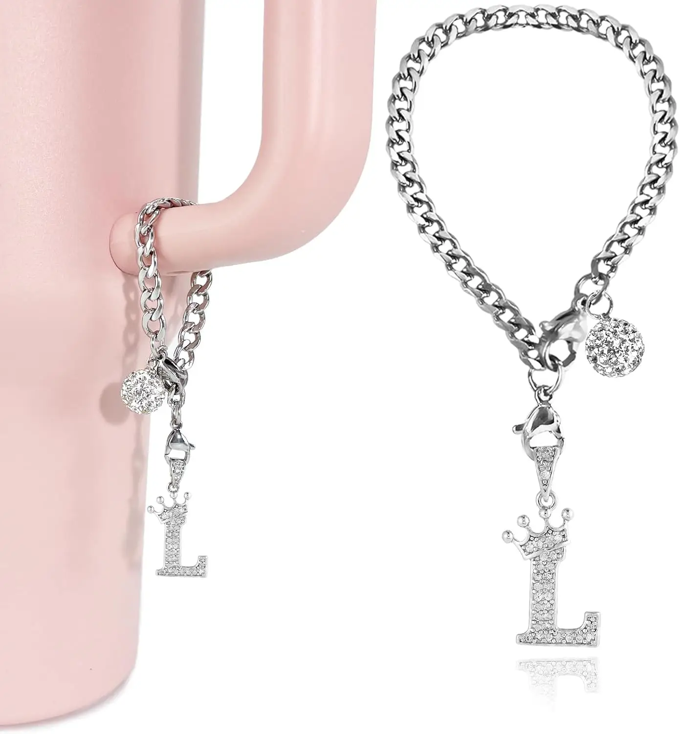 

Silver Letter Crown Charms for 40oz Tumblers Water Bottle Handle Personalized Initial Keychain Diamond Glitter Decor