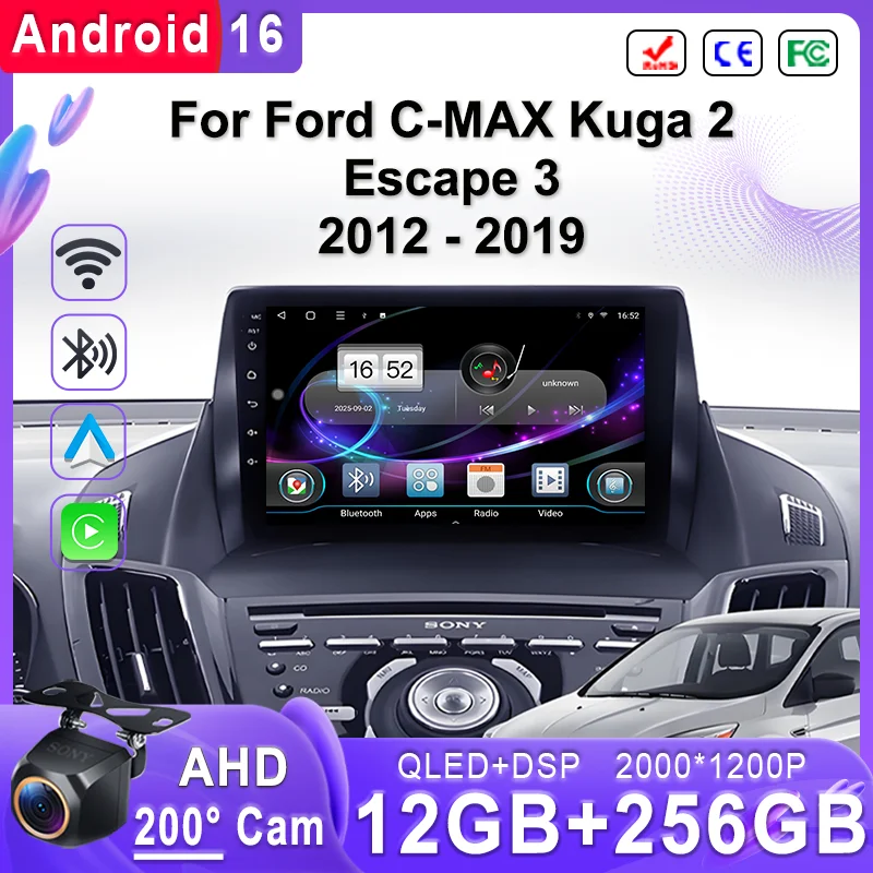

Мультимедийная система Android 16 с 2K Incell экраном для FORD C-MAX KUGA 2 ESCAPE 3 2012-2019, Plug and Play, высокопроизводительный процессор, видеорегистратор 5G