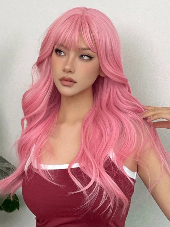 

1piece Pink 24 Inch Long Curly Synthetic Wig With Bangs For Women Pink Hair Daily Cosplay Party Wigs