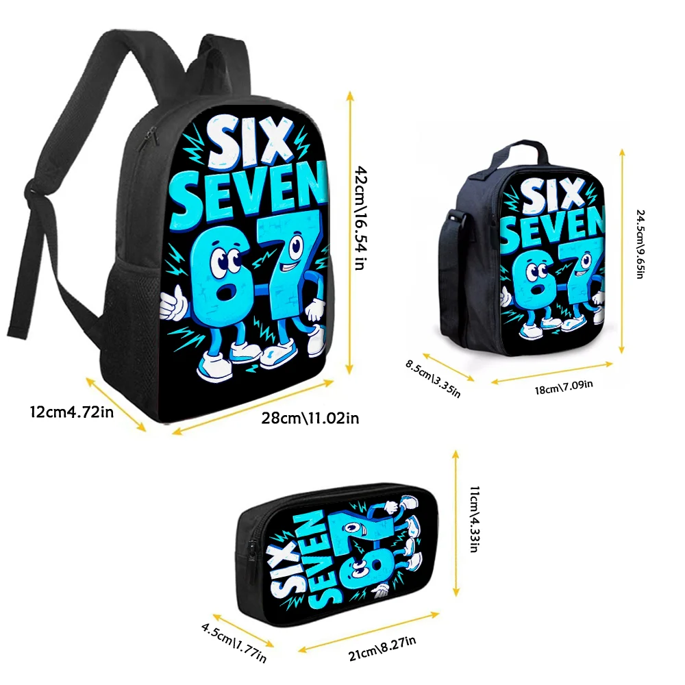 3pcs Cartoon Number 67 Print Backpack Set Lightweight Large Capacity School Bag Travel Bag with Shoulder Bag Pencil Bags Gift