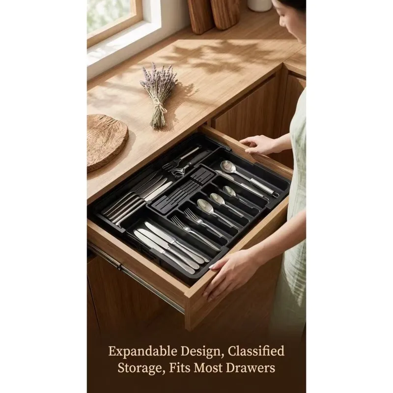 Kitchen Storage Box With Expandable Cutlery Organizer-Integrated Dividers Design
