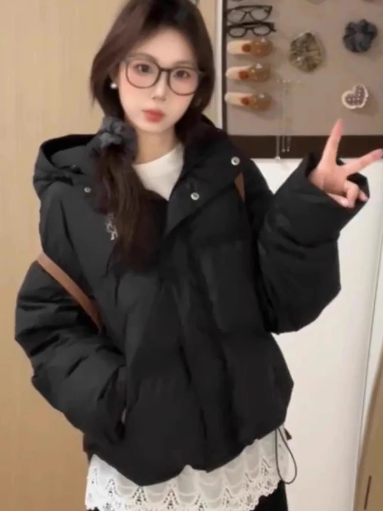 

Women's Black Hooded Thickened Cotton Jacket Short Bread Style Winter Warm Outerwear Korean Loose Fit Long Sleeve Zipper