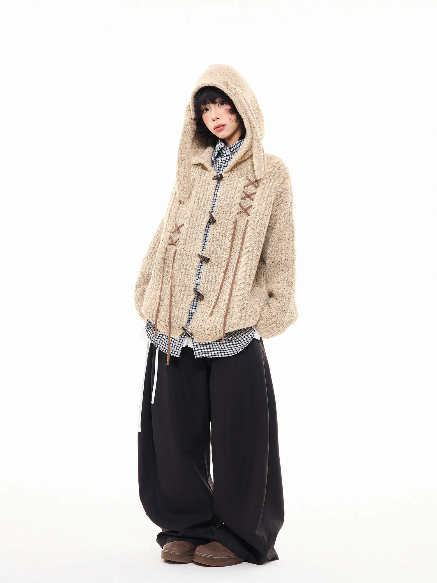 MIKYO Amerikaanse retro gedraaide gebreide muts konijnenoor hoodie dames herfst luie sle knop vest jas casual comfortabel