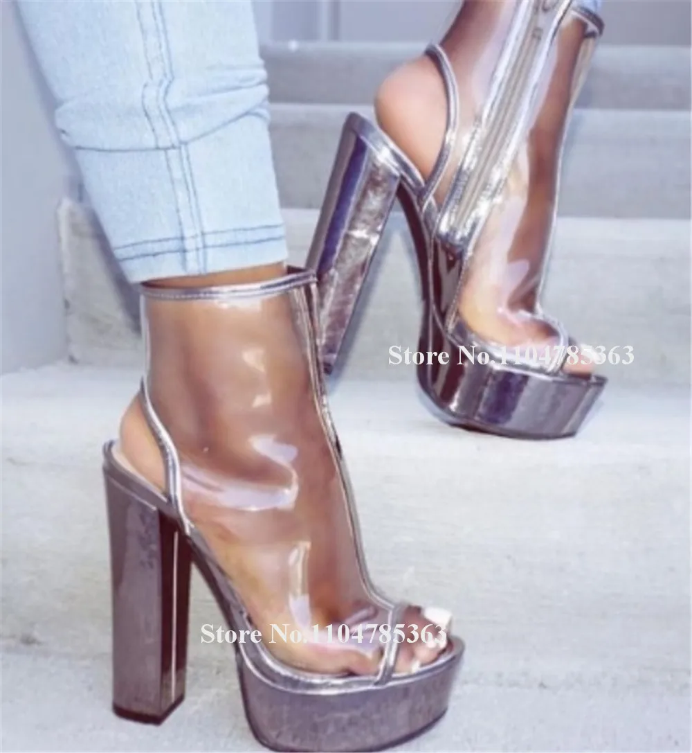 

Silver Patchwork Clear PVC Chunky Heel Short Boots Sexy Peep Toe Transparent High Platform Thick Heel Ankle Booties Big Size
