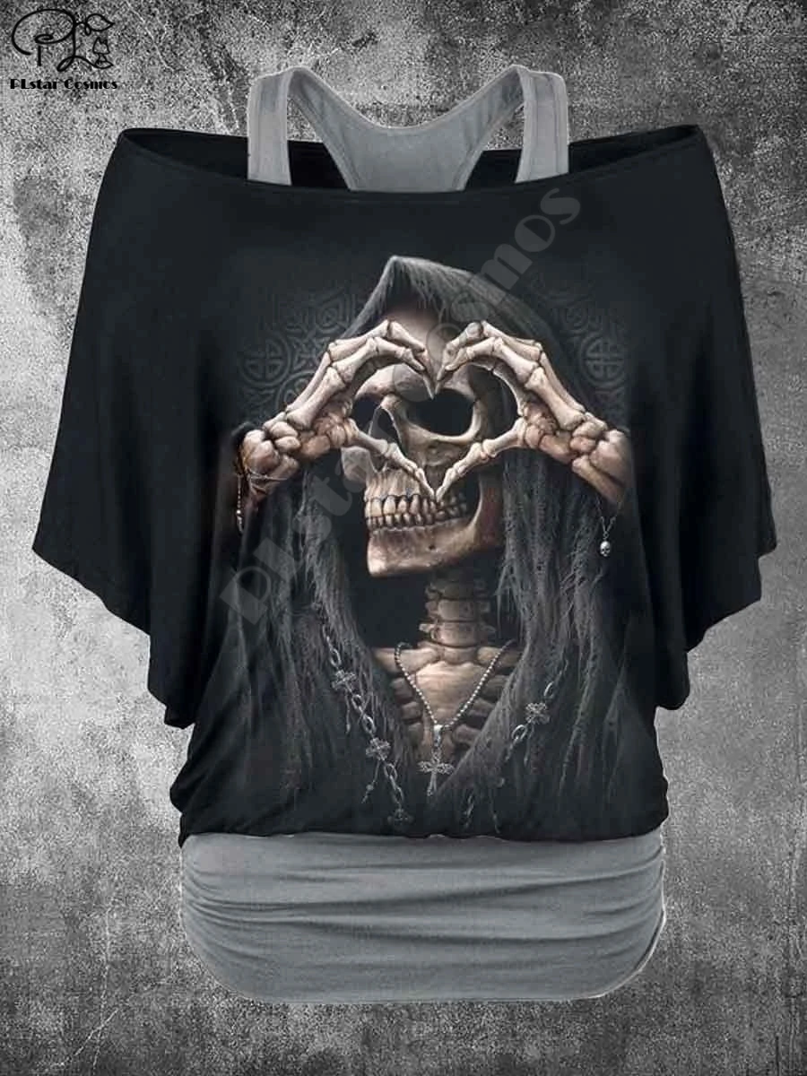 PLstar Cosmos 3D Printed Fake Two-Piece Top Women's Retro Punk Skull Casual T-Shirt Harajuku Streetwear Collection 7