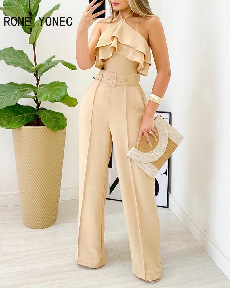 Women Solid Halter Cascading Ruffle Hem Sleeveless with Belts Two Pieces Sexy Pants Sets