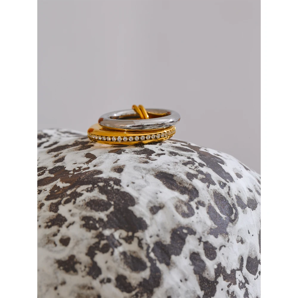 Yhpup Trendy Double Layered Round Stackable Ring for Women 316L Stainless Steel Inlaid Zirconia Charm Finger Jewelry 2025