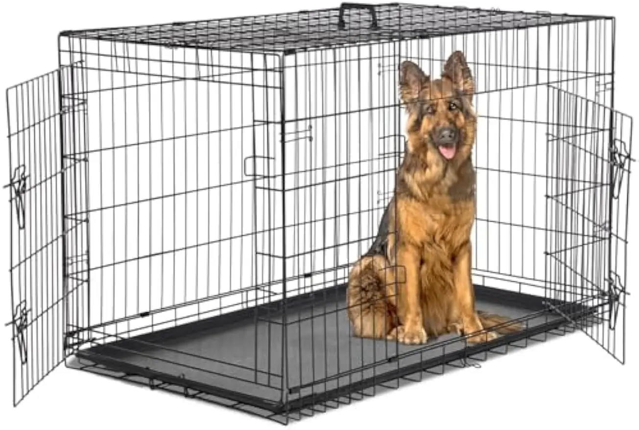 Extra Large Dog Crate 48 Inch Double Door Pet Cage Kennel | Metal Wire, Secure Lock, Plastic Leak-Proof Pan Tray, Indoor Outdoor