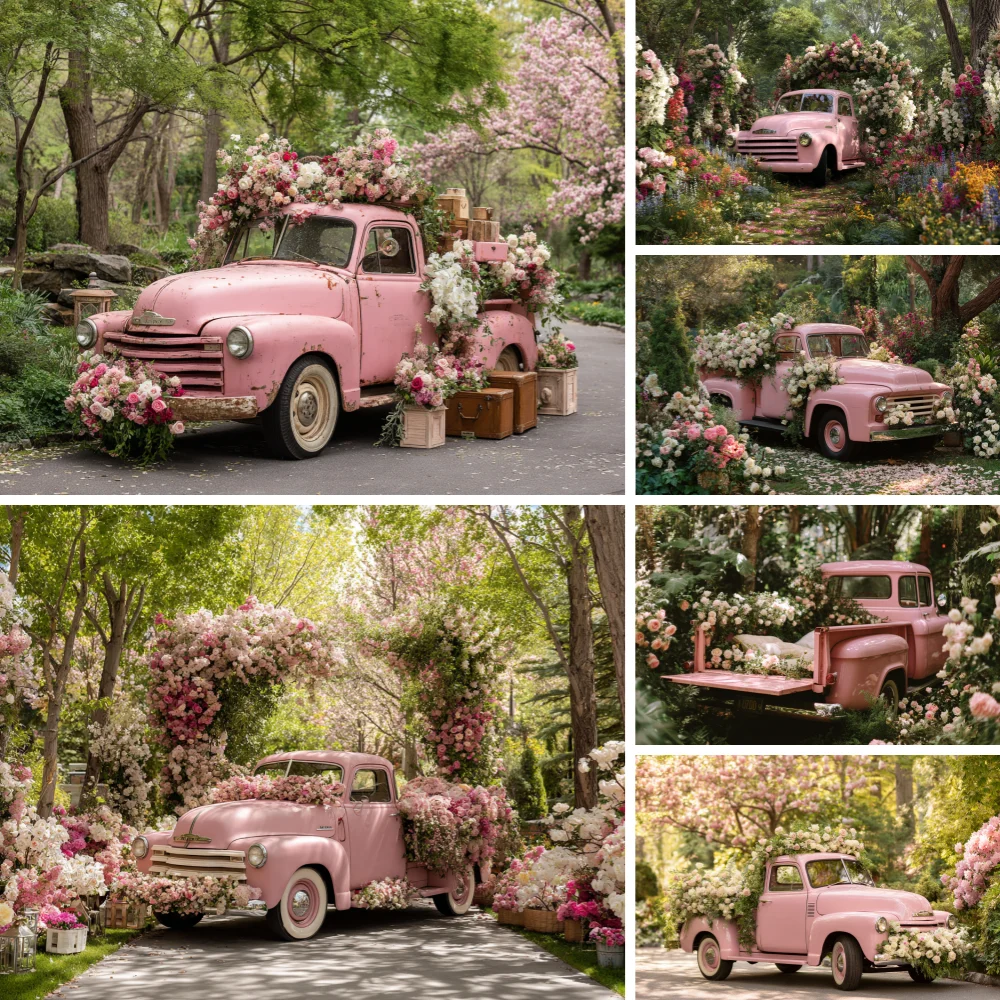

Valentine's Day Photography Backdrop Garden Pink Rose Truck February14th Girl Portrait Wedding Party Decoration Photo Background