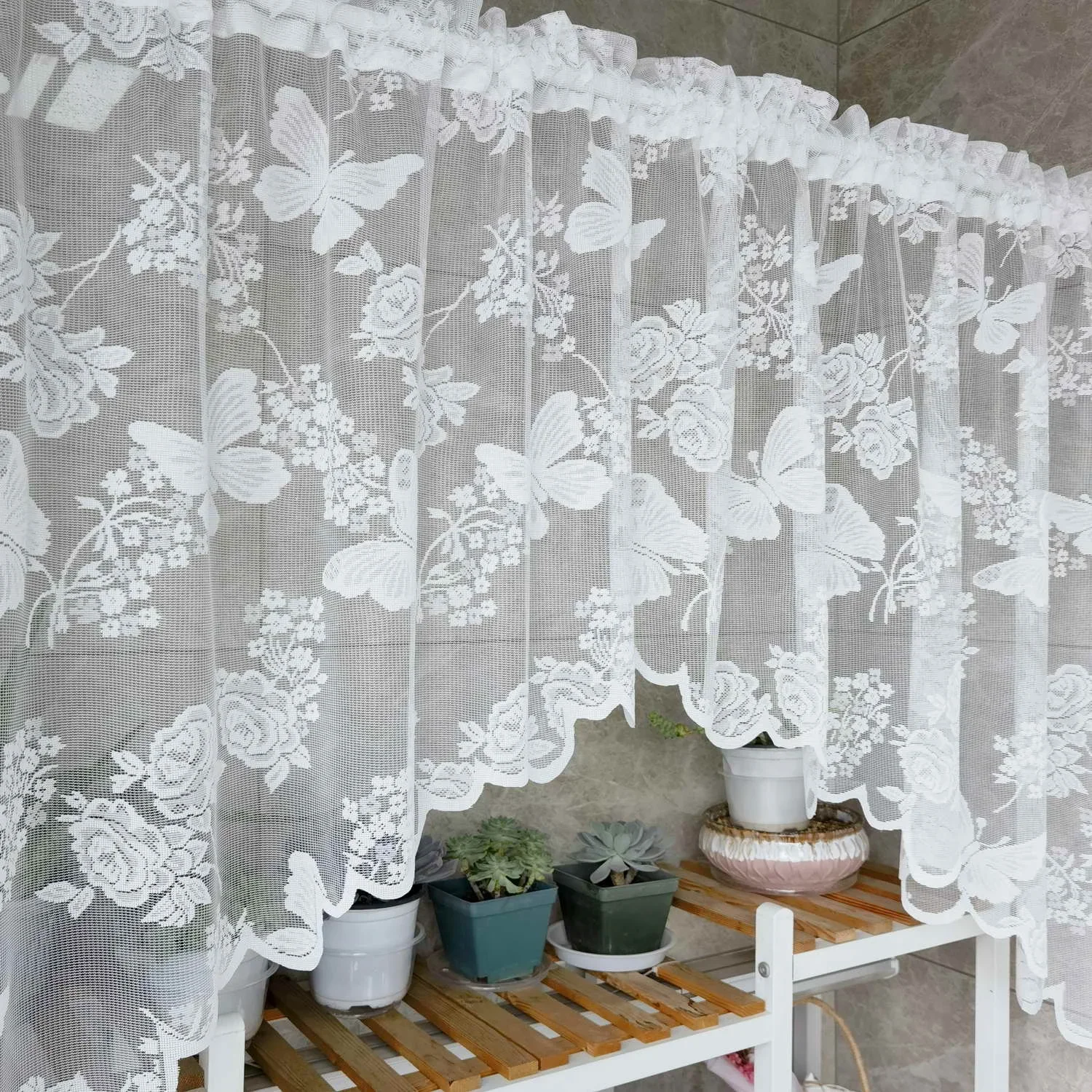 

White Embroidered Butterfly Sheer Roman Short Curtains French Romantic Kitchen Small Window Half Curtain Rod Pocket Top Drapery