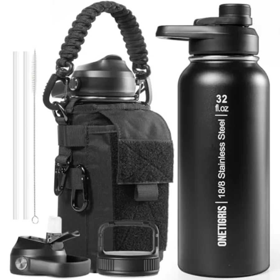 

32 oz Insulated Water Bottle with Straw - Tactical Stainl Steel Water Jug, Leakproof Wide Mouth Sport bottle with 3 Lids and Sl
