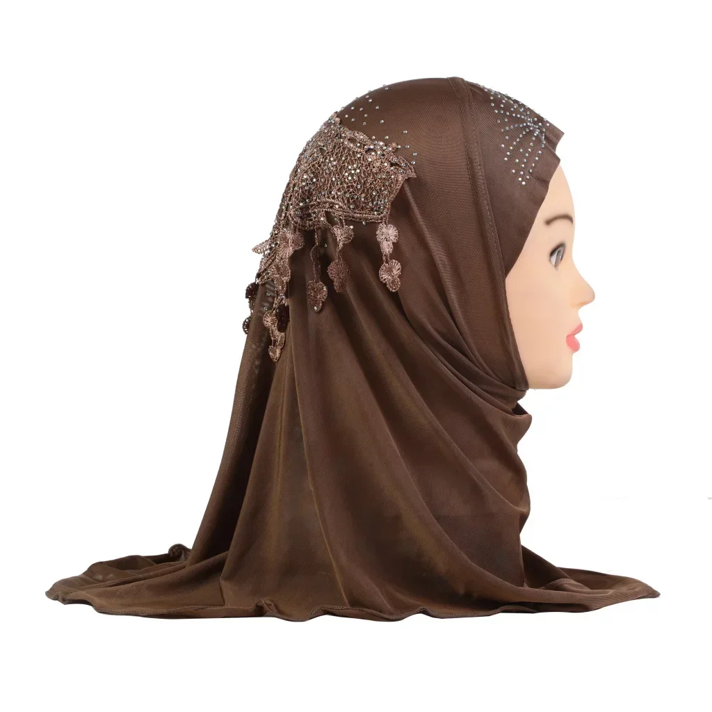 

small girl 2-5 years old instant hijab with lace on back muslim scarf headwrap islamic arabic hats H045 ملابس اسلاميه