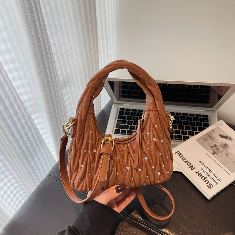 

Элегантная плиссированная сумка через плечо, новинка 2023 года для женщин, роскошная сумка через плечо со стразами, модная сумка с клецками на все случаи жизни