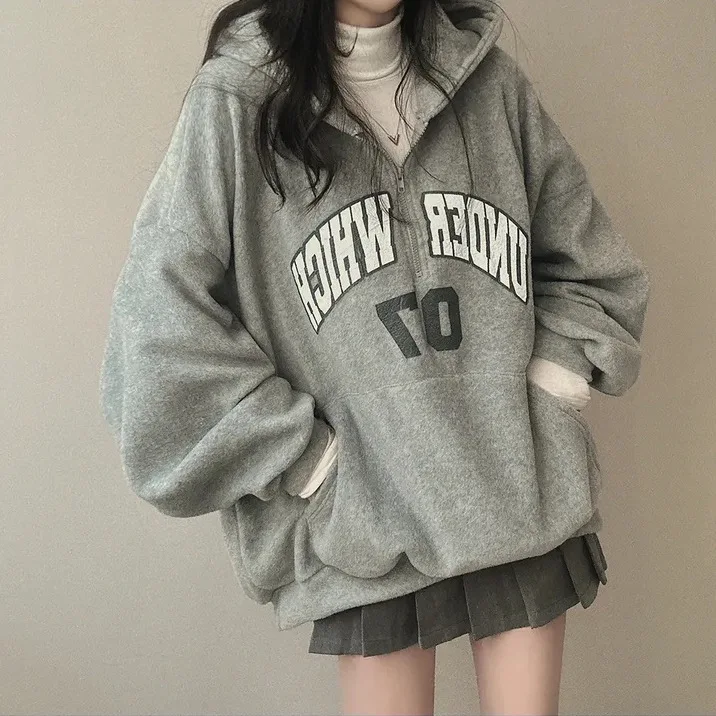 2024 Autumn Winter Hoodies Zipper Tops Casual Fashion Letter Print Lamb Wool Pullover Women Female White Plush Warm Streetwear