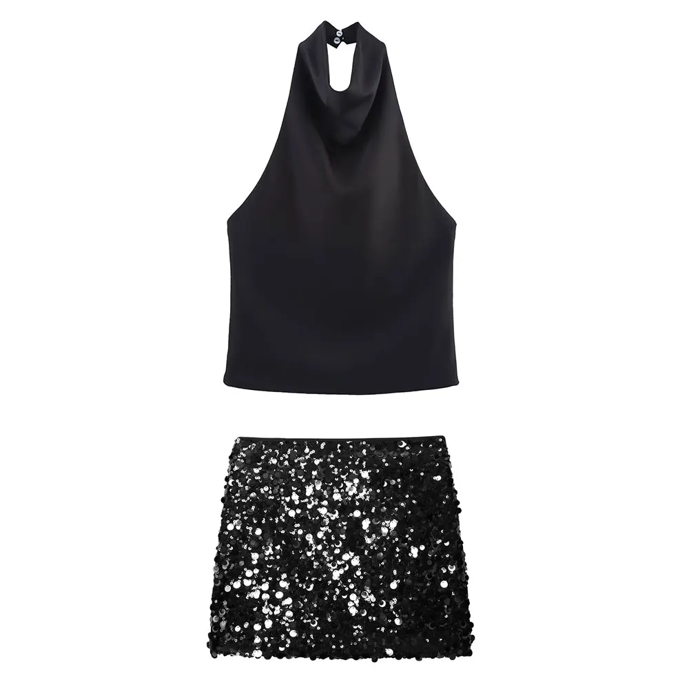 HH femmes paillettes jupes costumes taille haute mince Mini jupe épaules nues haut à licou été Sexy dame Club soirée 2 pièces ensemble