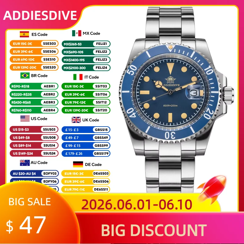 

ADDIESDIVE 41mm Man Quartz Watch 20Bar Waterproof Super Luminous Watches AD2054 BUSINESS Reloj Hombre Stainless Steel WristWatch