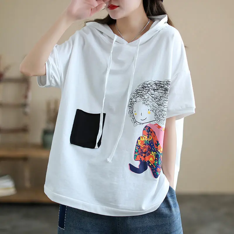 Stylish Summer Women\'s Cartoon Printed Loose Hooded Tops All-match Casual Contrasting Colors Pockets Short Sleeve Sweatshirts