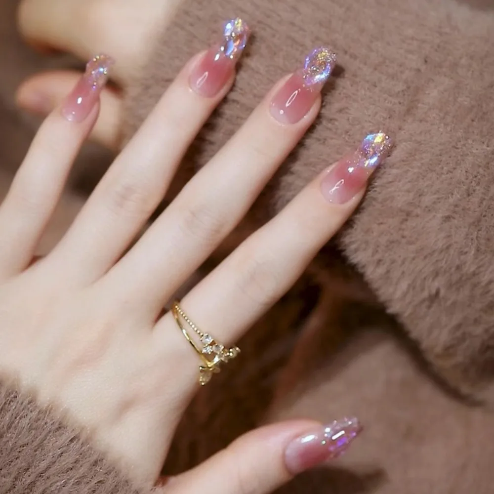 Unhas falsas francesas, cores deslumbrantes, à prova d'água, manicure, tipo balé, imprensa em unhas, coração rosa, cabeça quadrada, pontas de unhas femininas