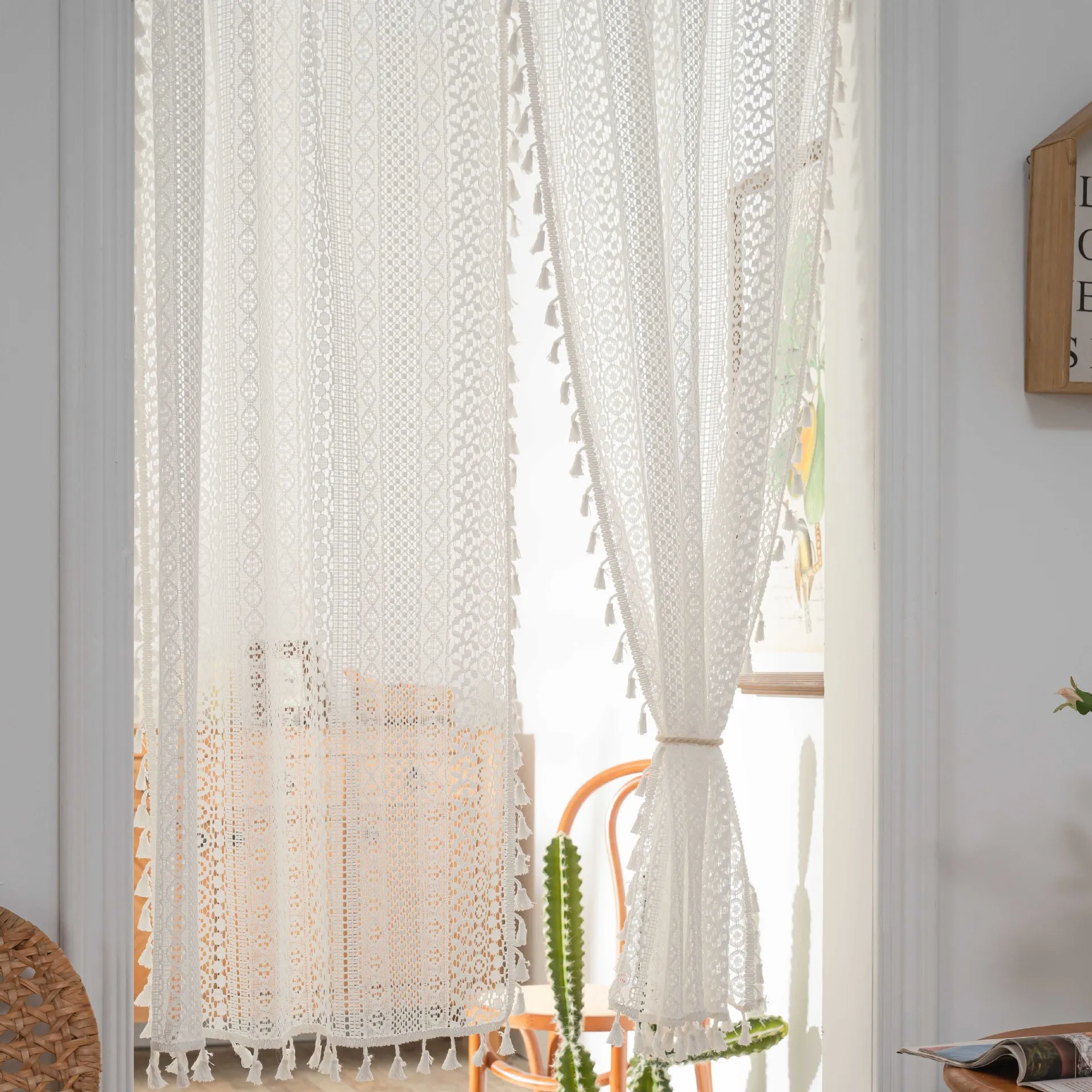 Boho Lace Door Curtain Semi-Sheer Hollow Handmade Tassels,Rod Pocket Vintage Rustic Farmhouse Door Curtain for Living Bedroom