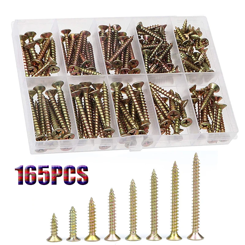 

165pcs Zinc Plate Tapping Screw M3.5 M4 Assortment Kit Lock Nut Wood Thread Flat Countersunk Head Nail Screw Sets