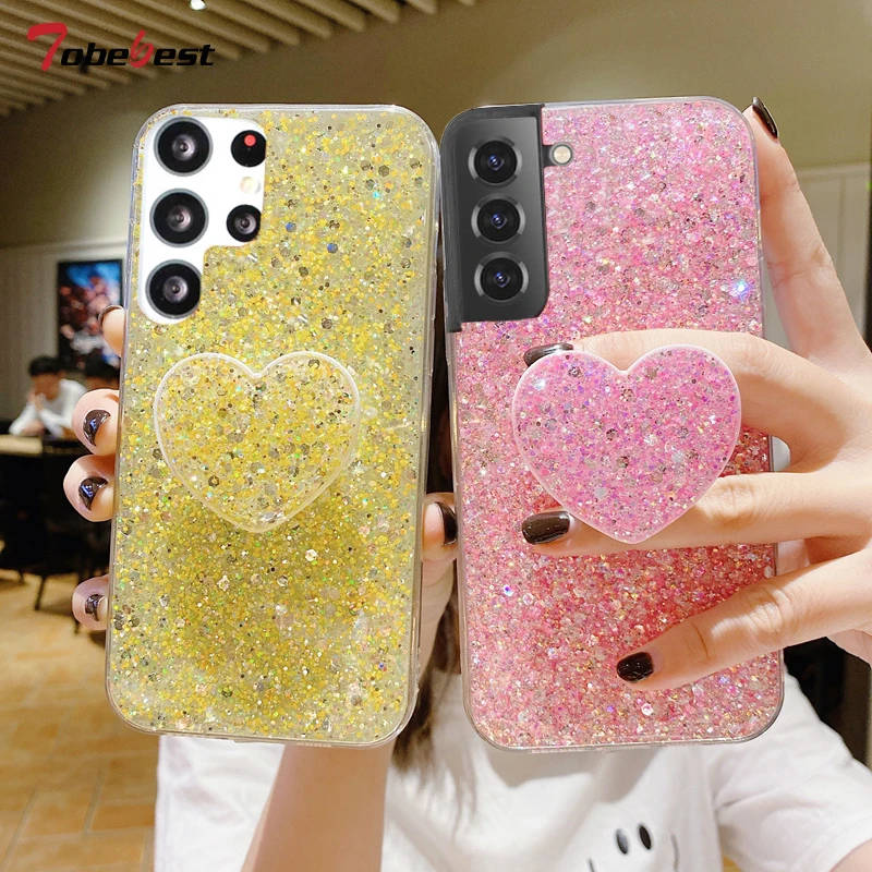 Shiny Glitter Heart Love Phone holder Case For Samsung Galaxy S23 S22 S21 S20 Ultra Plus FE Gold Silver Foil Soft Silicone Cover