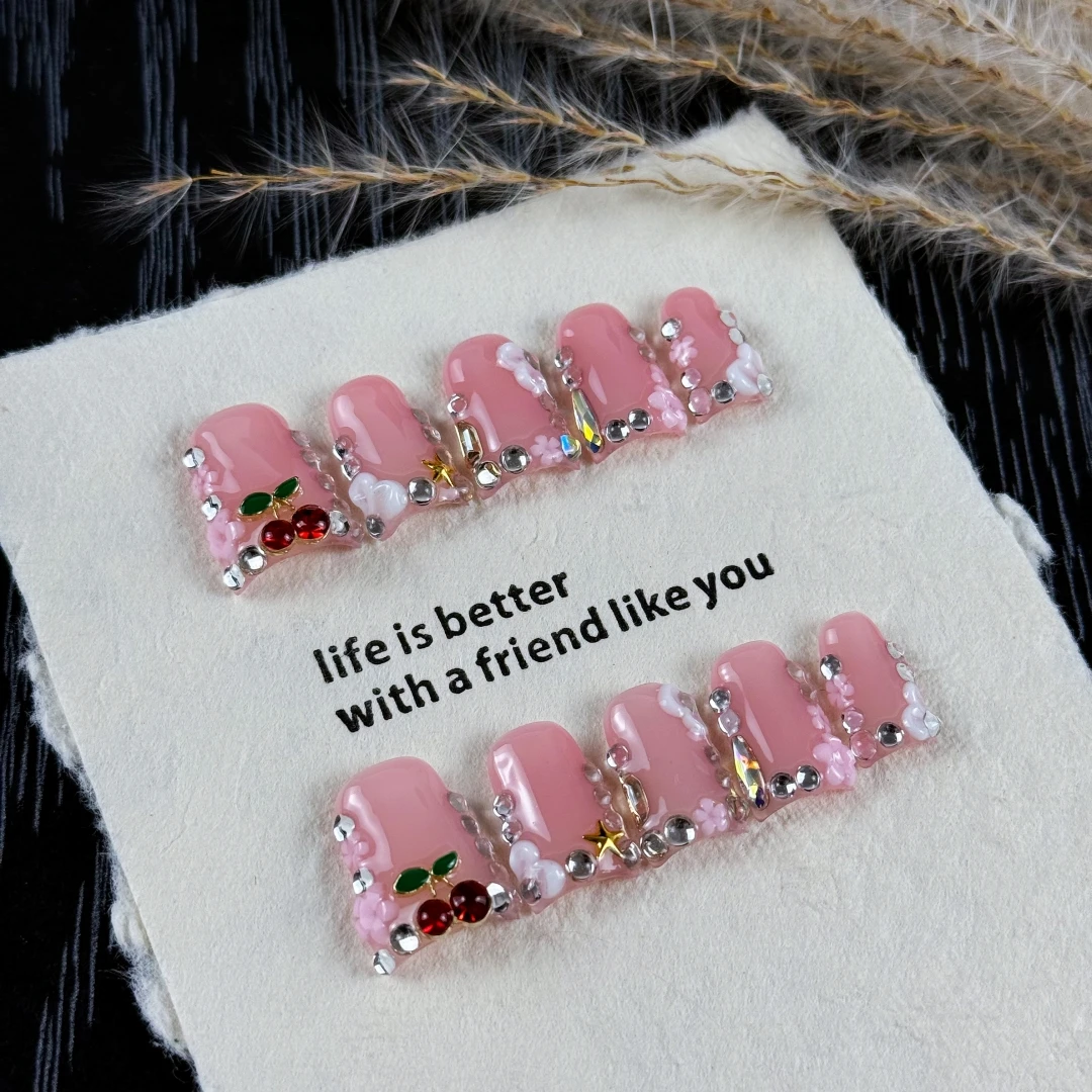 10pcs High-end Pink girl style, hand-painted three-dimensional engraved design, cherry, dazzling multi-diamonds handmade fake