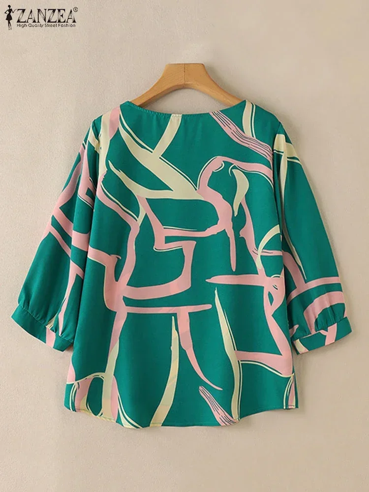 ZANZEA 2025 Camicette da donna estive Top Vintage O-Collo Linea stampata Moda Tuniche con maniche a 3/4 Camicie da donna allentate casual da ufficio
