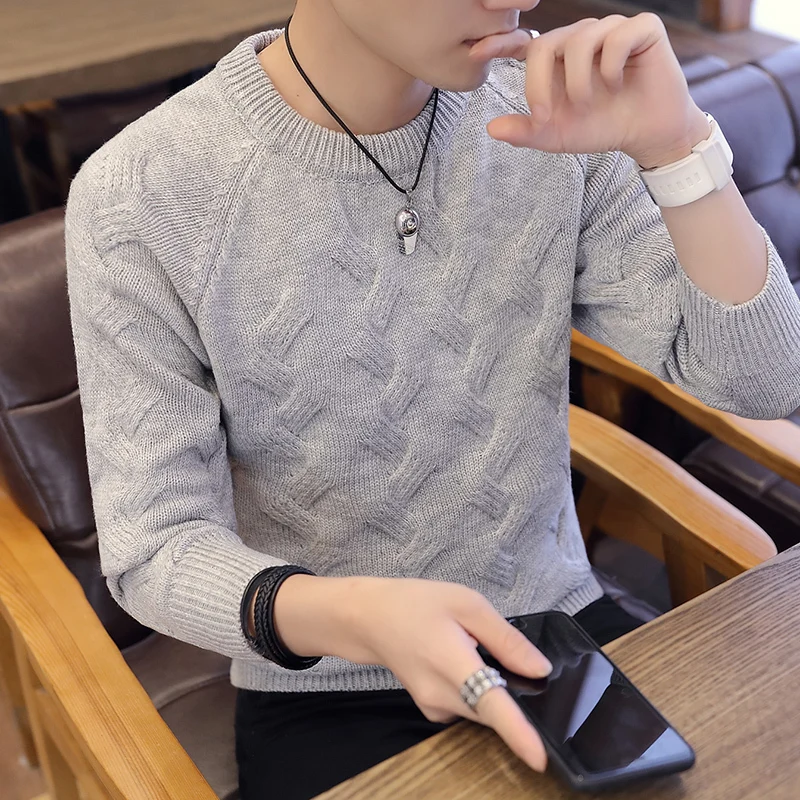 

Korean Sle Thiened round Ne Casual Knitted Sweater for Men Faionable Color Winter Leisure Long Sve Top