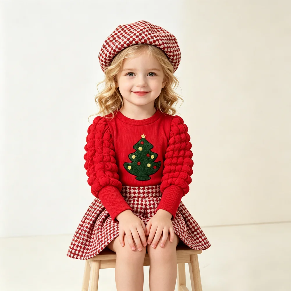 Kids Baby Girls Christmas 3Pcs Outfit Puff Bubble Long Sleeve  Top Houndstooth Pleated Skirt with Beret Hat Holiday Party Clothe