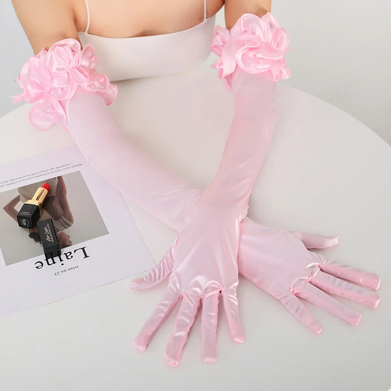 

Satin Elastic Long Etiquette Gloves Elegant Pink Fairy Flower Ruffle Bridal Wedding Dress Gloves Ladies Prom Party Accessories