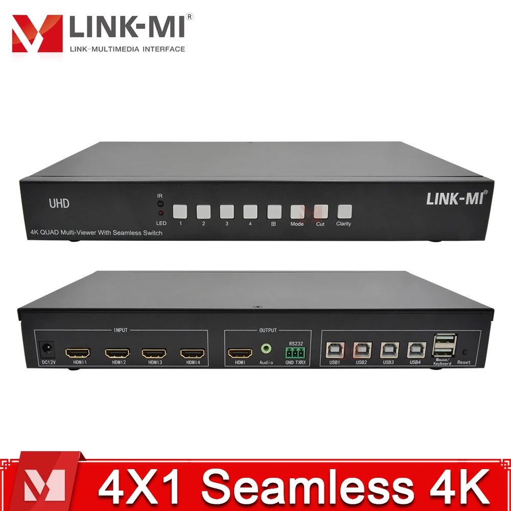 

4K@30Hz HDMI KVM Multiviewer 4X1 Quad Screen Seamless Switching 4 in 1 out Multi-view with 3.5mm audio PIP RS232