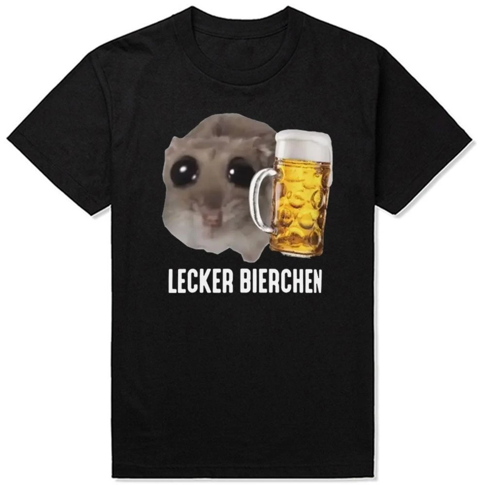 Funny Meme T-shirt Lecker Bierchen Hamster with Beer Mug German Slogan Print Unisex Loose Cotton Oversized Black Basic Tee