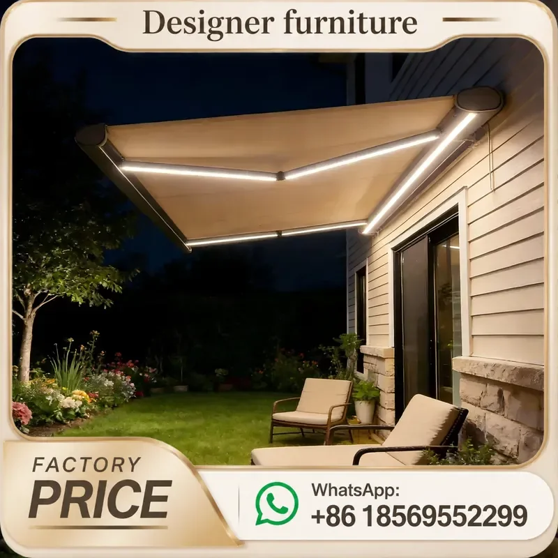 Motorized Full Cassette Retractable Awning With LED Light UV Resistant Acrylic Fabric For Patio Backyard Cafe Outdoor Shade