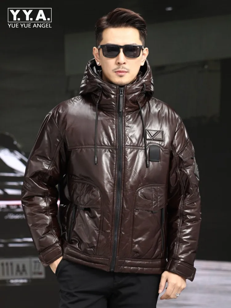 

Men Luxury Natural Goatskin Hooded Jacket Zippers Duck Down Inner Coat Winter Thick Overcoat Genuine Leather Dad Warm Jackets