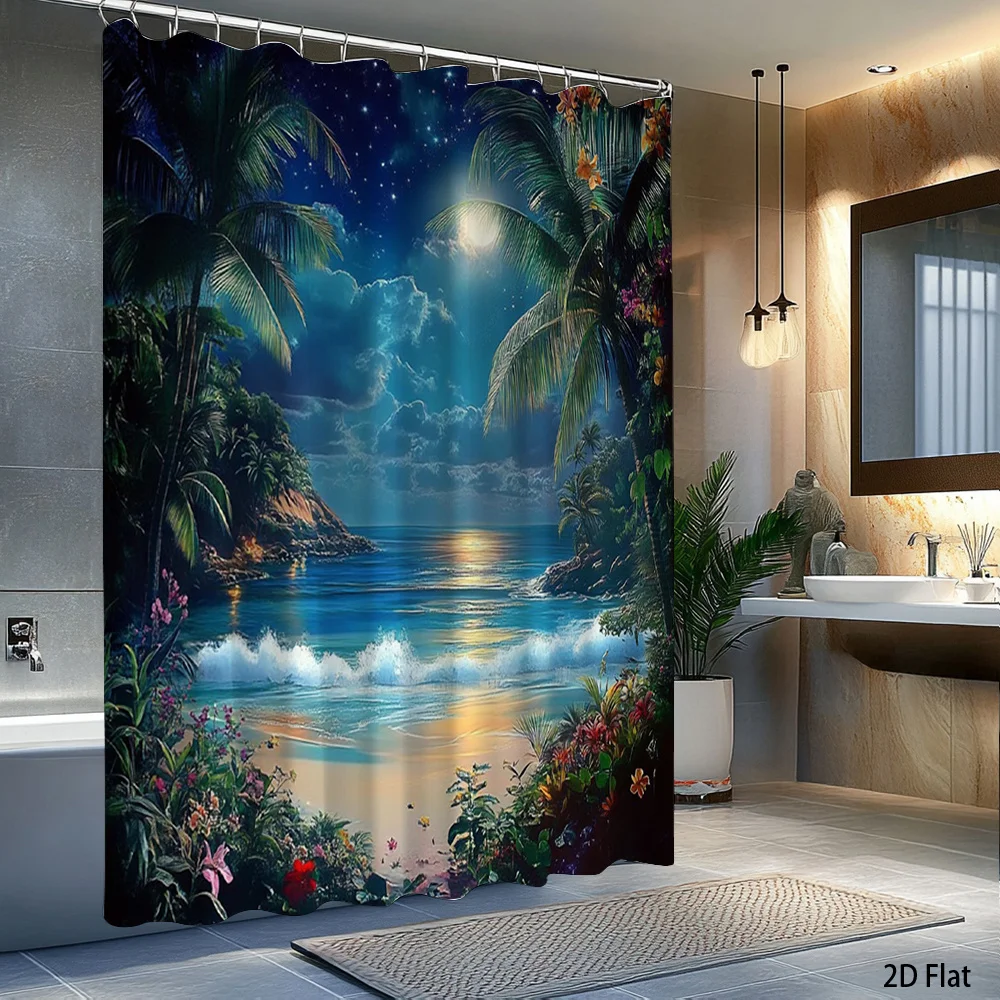 Waterproof Tropical Beach Shower Curtain Bathroom Decor Coastal Palm Paradise Jungle Ocean View Printed Curtain for Master Bath
