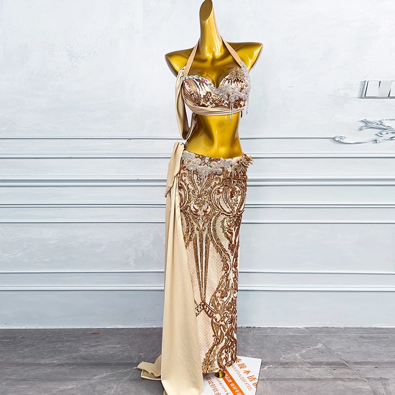 Vrouwen Aangepaste Senior AB Stenen Gedrukt Chiffon Set Oosterse Buikdansen Professionele Prestaties Outfit Buikdans Kostuum