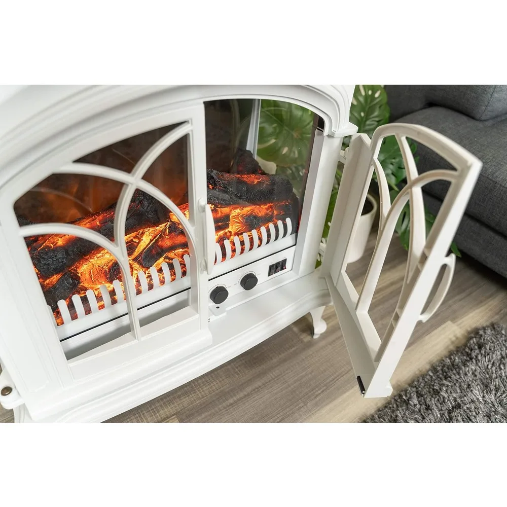 Portable Freestanding Electric Fireplace Stove - 3-D Log and Fire Effect (White)