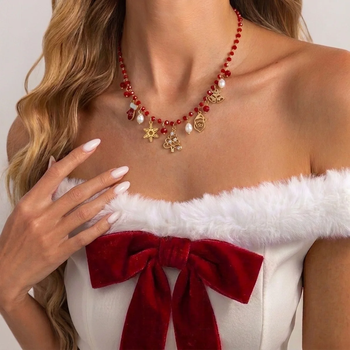 Weihnachtsbaum, Schneemann, Weihnachtsmann, Kranz, rote Kristall-Halskette für Damen und Herren, Weihnachten, Schneeflocken, Glocken, Hirsch, Halsband, Neujahrsschmuck – Detail 17