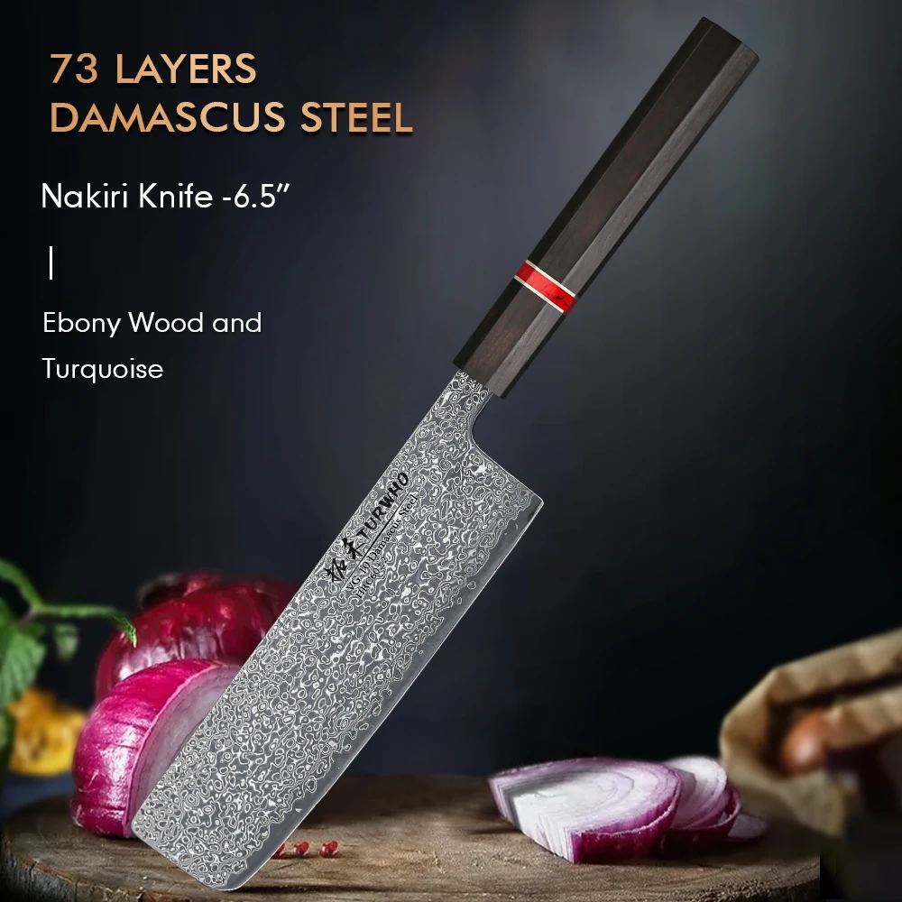 

TURWHO-Damascus Steel Nakiri Knife, Chef Mid Cut Knife, Fish Meat and Vegetable Cutlery, Cooking Slicing Tool, 73 Layer, 6.5"