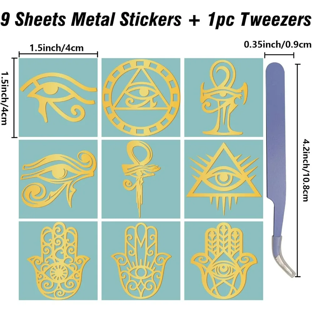 9Pcs Eye of Horus Stickers Gold Metal Stickers with Tweezer Orgonite Sticker Waterproof Self-Adhesive Nickel Decorate making kit