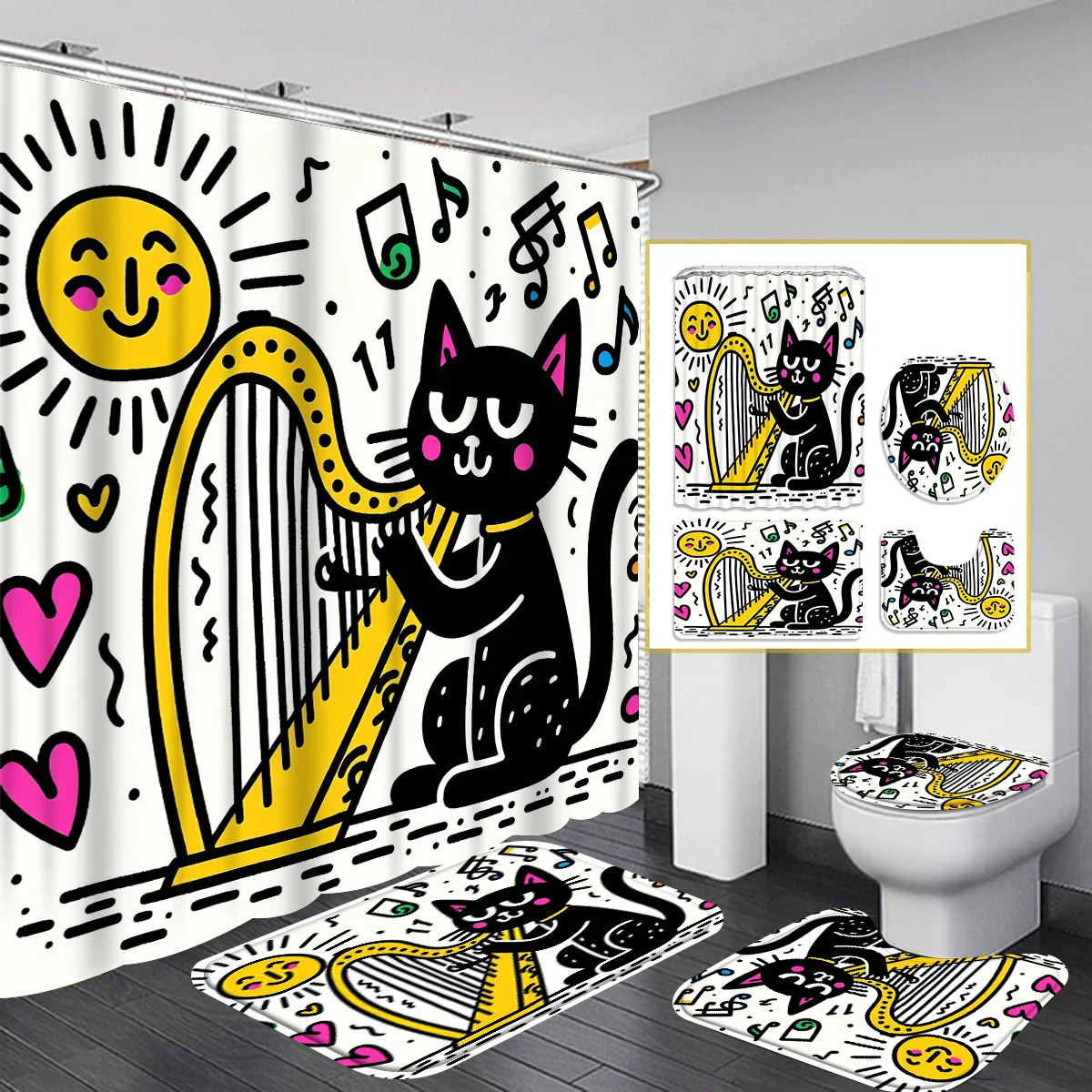 

Набор из 4 занавесок для душа с 12 крючками — водонепроницаемая занавеска для душа, нескользящий коврик для ванной, чехол на сиденье унитаза и U-образный коврик