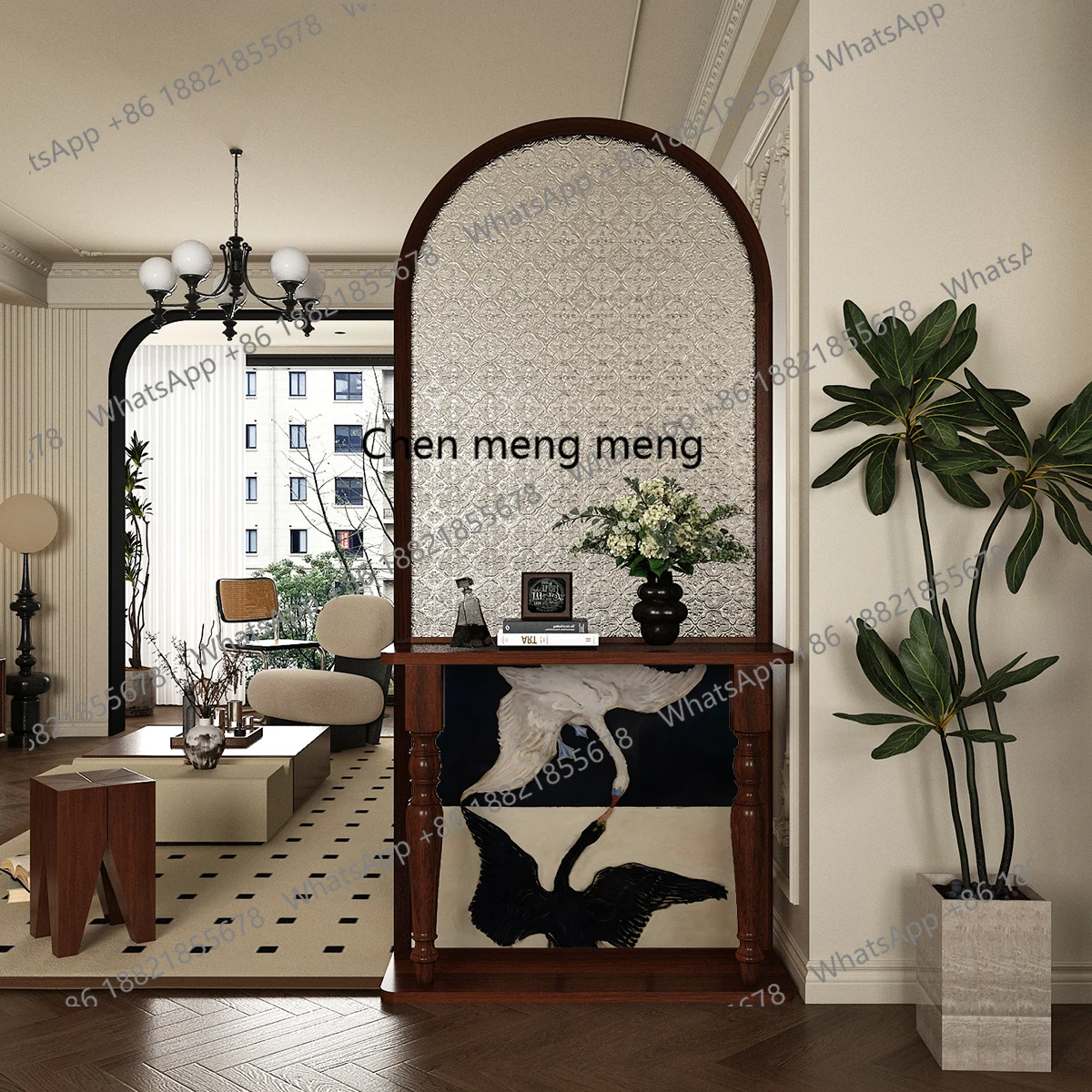 Medieval glass partition screen, living room cover, semi-circular decorative shelf next to the sofa